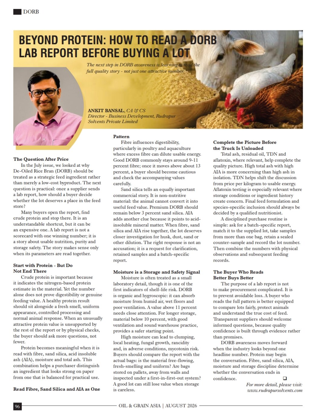 Original published page of Ankit Bansal’s DORB lab report article in Oil and Grain Asia, August 2026