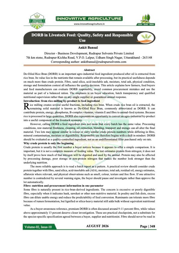 First page of the Innovative Agriculture article DORB in Livestock Feed by Ankit Bansal